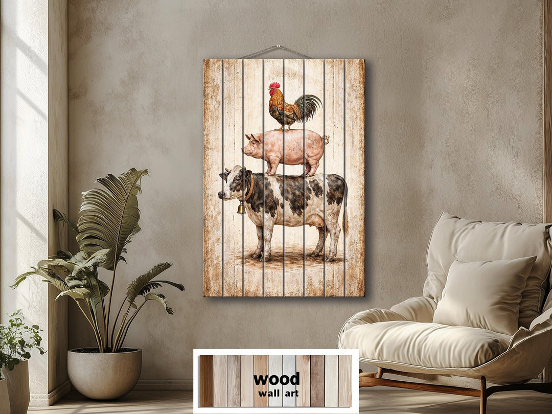 Stacked farm animals printed on distressed wood panels for rustic farmhouse wall decor.