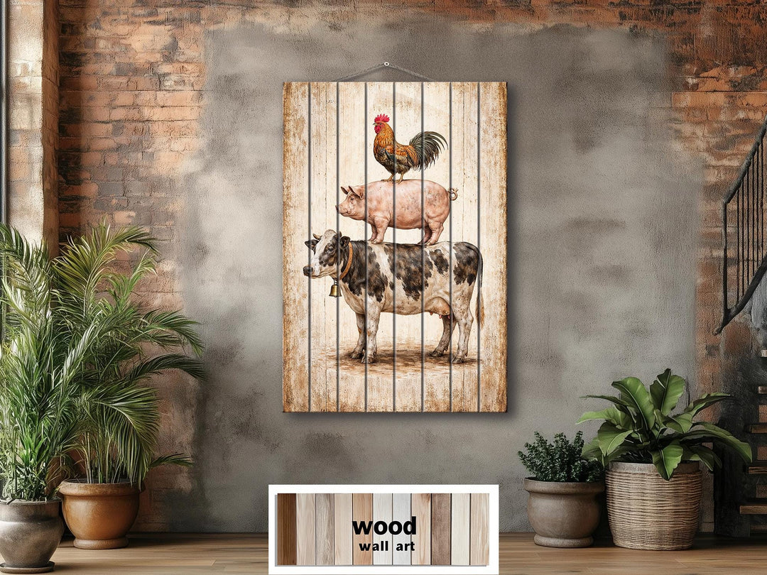 Stacked farm animals printed on vertical wood planks for rustic farmhouse wall decor.
