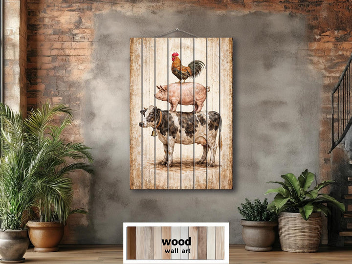 Stacked farm animals printed on vertical wood planks for rustic farmhouse wall decor.