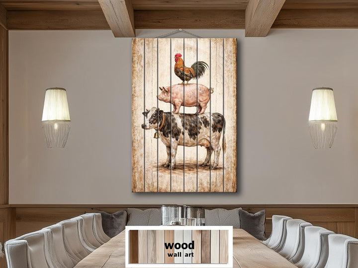 Stacked farm animals on distressed wood wall art hanging in a rustic dining room.