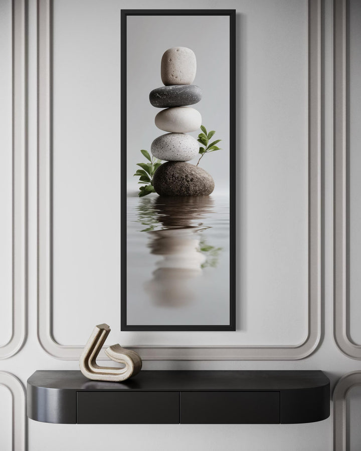 Stacked Zen Stones Tall Narrow Canvas Wall Art featuring balanced river stones over water.
