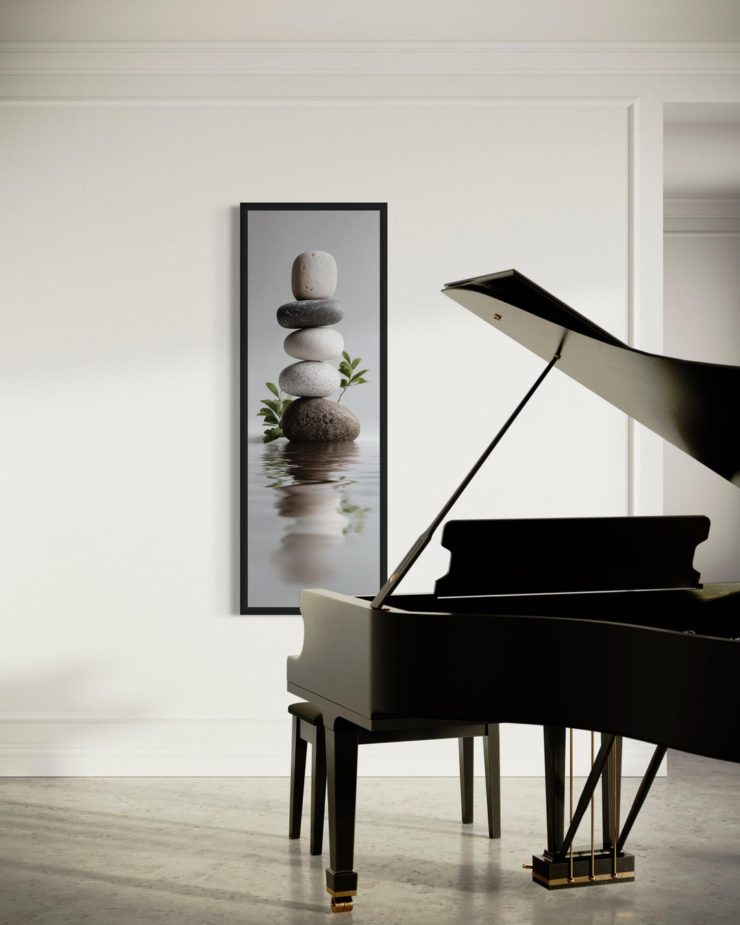 Stacked Zen Stones Tall Narrow Canvas Wall Art featuring balanced river stones in a minimalist room.