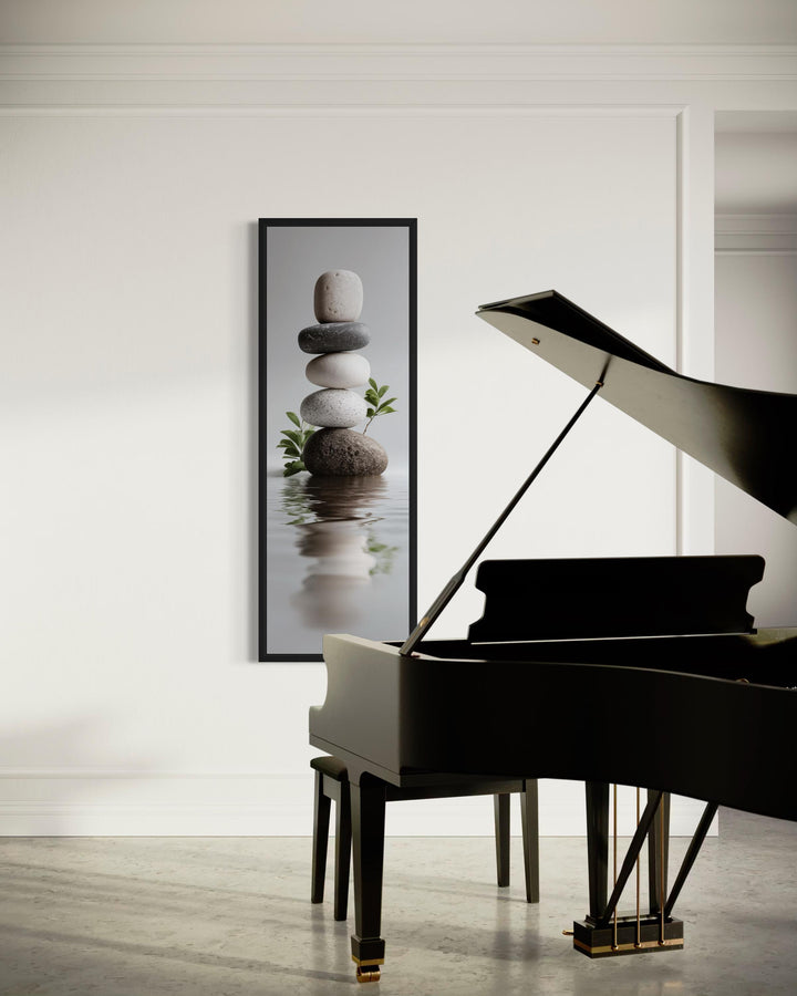 Stacked Zen Stones Tall Narrow Canvas Wall Art featuring balanced river stones in a minimalist room.