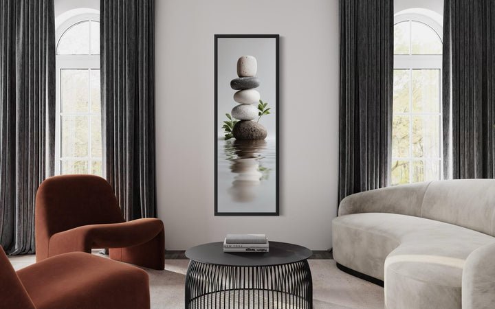 Stacked Zen stones tall narrow canvas wall art in a modern minimalist living room.