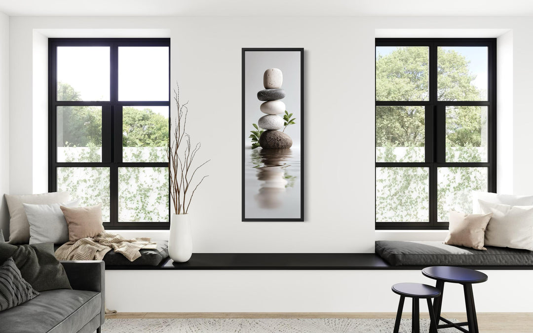 Stacked Zen Stones Tall Narrow Canvas Wall Art in a modern, minimalist living room setting.