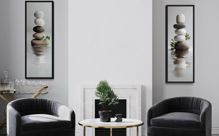 Set of two tall, narrow canvas prints featuring stacked zen stones over reflective water.