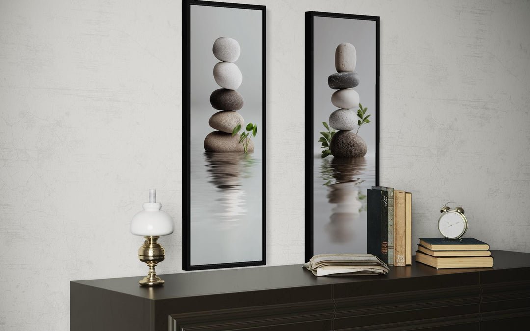 Stacked Zen Stones Tall Narrow Set of 2 Canvas Wall Art featuring balanced river stones over water.