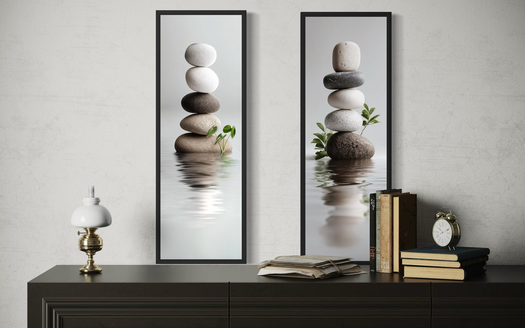 Stacked Zen Stones Tall Narrow Set of 2 Canvas Wall Art displayed above a dark wood console table.