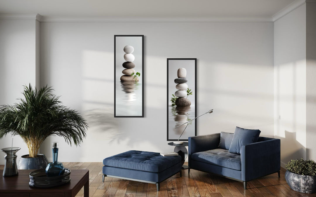 Set of two tall, narrow canvas prints featuring stacked zen stones over a calm water reflection.