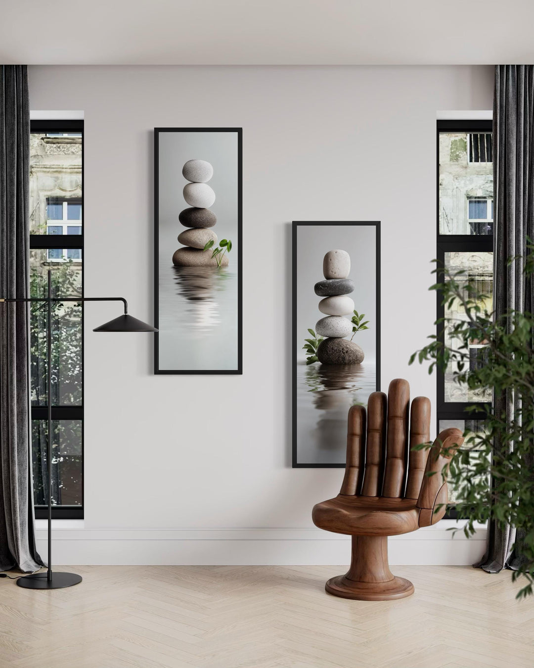 Stacked Zen Stones Tall Narrow Set of 2 Canvas Wall Art displayed in a minimalist modern room.