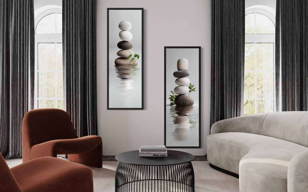 Stacked Zen Stones Tall Narrow Set of 2 Canvas Wall Art displayed in a modern living room.
