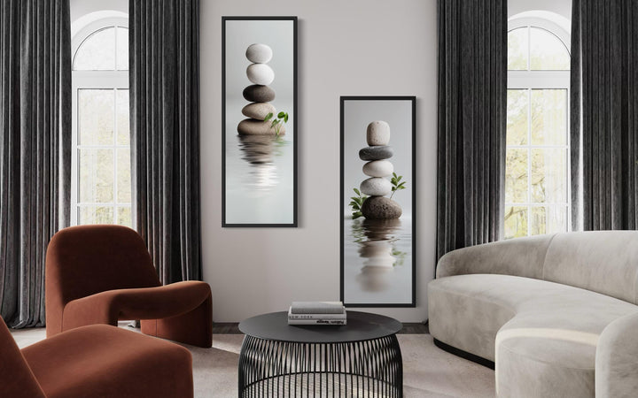 Stacked Zen Stones Tall Narrow Set of 2 Canvas Wall Art displayed in a modern living room.