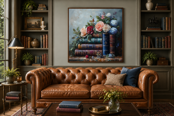 Framed canvas wall art of stacked vintage books and flowers above a brown leather chesterfield sofa.