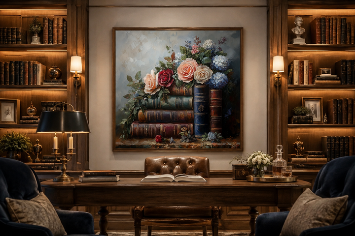 Framed canvas wall art of stacked books and flowers hanging in a classic home library setting.