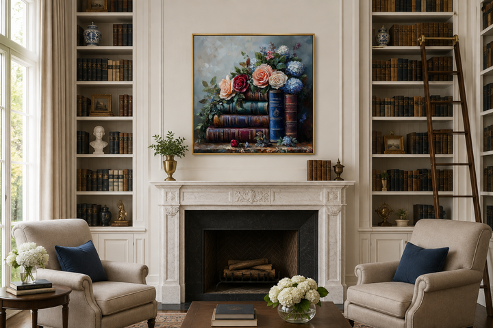Framed canvas wall art of stacked books and flowers above a fireplace in a classic home library.