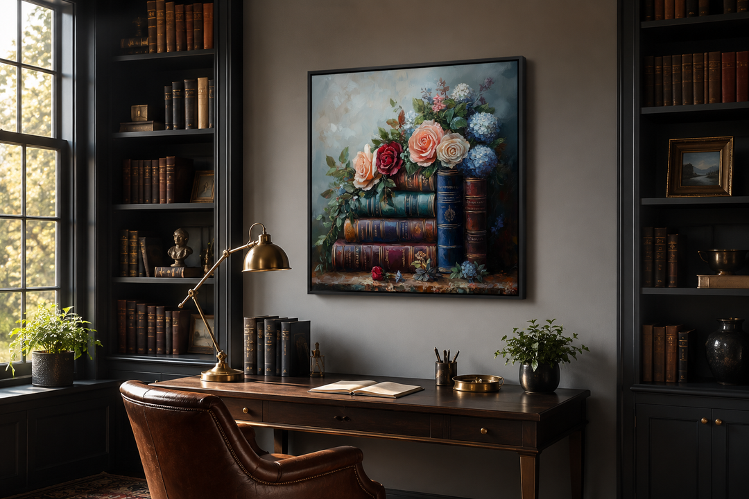 Framed canvas wall art of stacked books and flowers hanging above a desk in a home library.