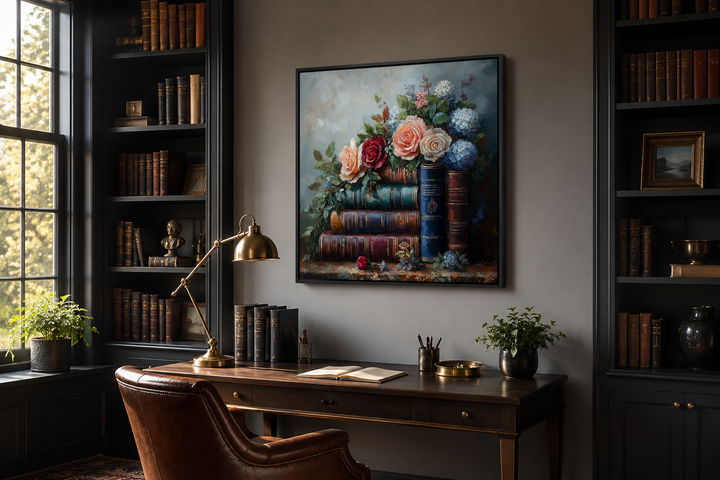 Framed canvas wall art of stacked books and flowers hanging above a desk in a home library.