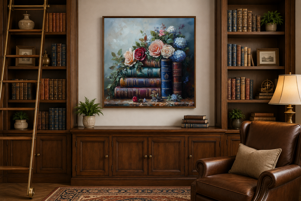 Framed canvas wall art of stacked books and flowers displayed in a classic home library setting.