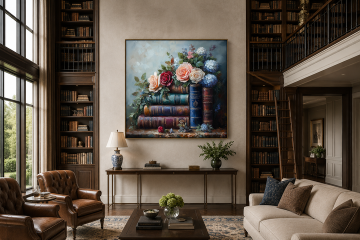 Framed canvas wall art of stacked vintage books and flowers in a large home library setting.