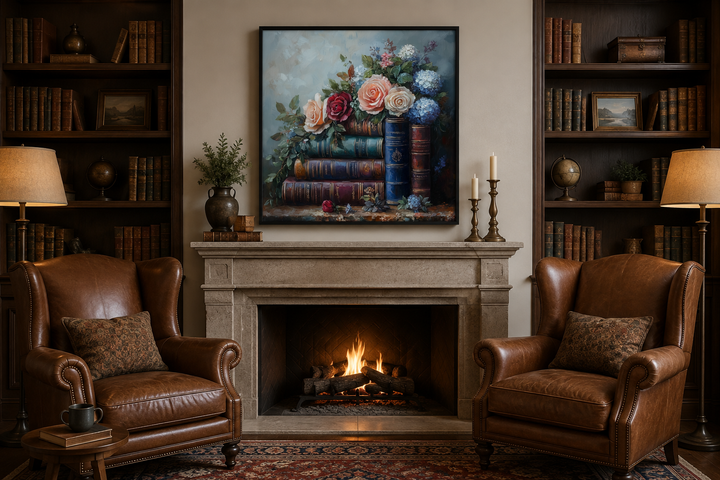 Framed canvas art of stacked books and flowers above a fireplace in a cozy home library.