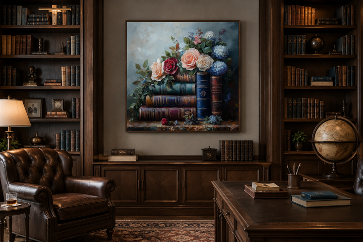 Framed canvas wall art of stacked books and flowers hanging in a classic home library.