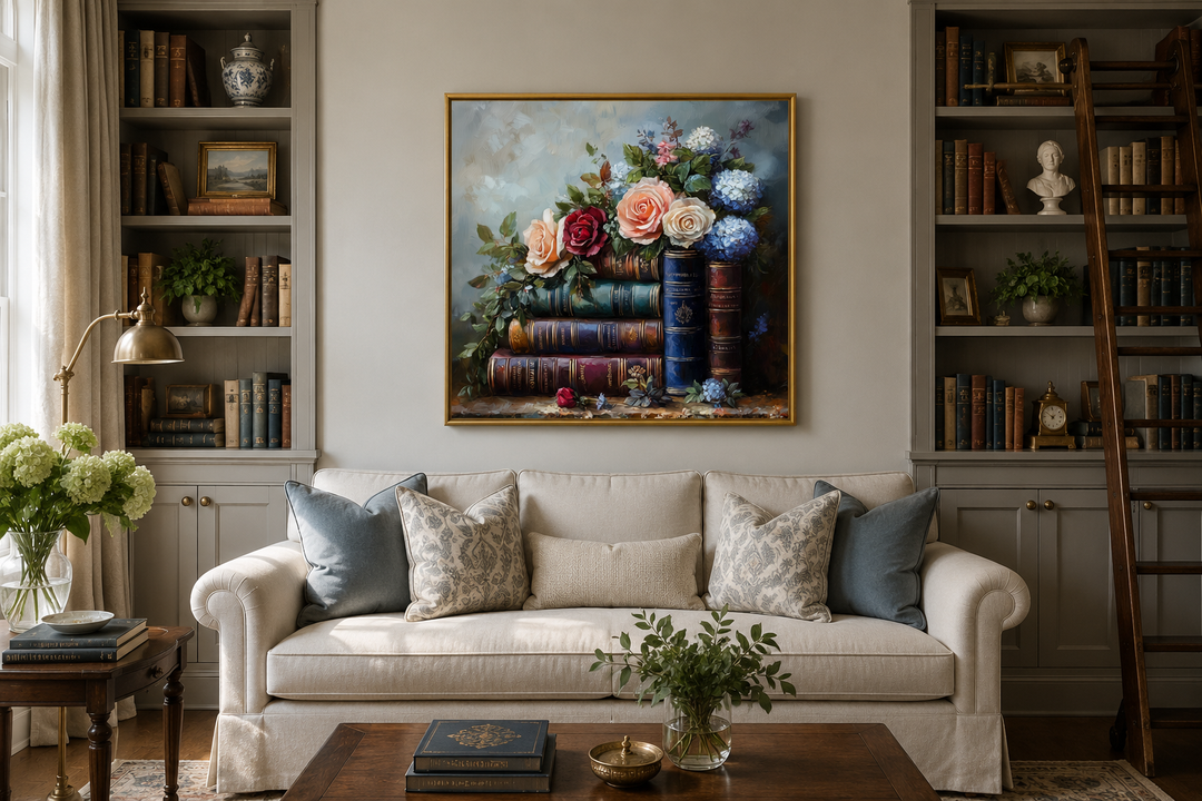Framed canvas wall art of stacked books and flowers hanging above a sofa in a home library.