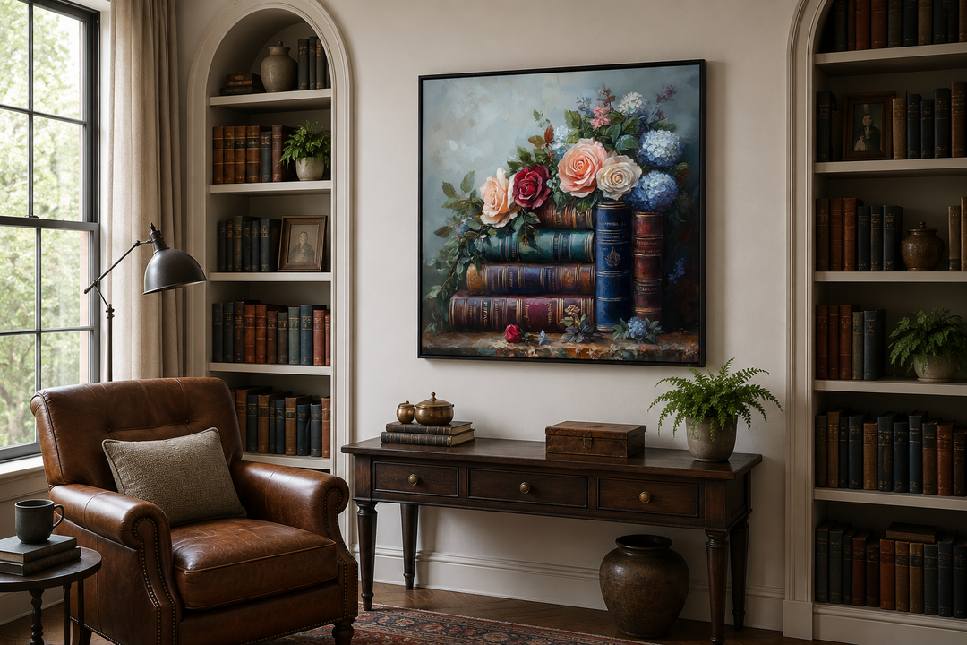 Framed canvas wall art of stacked vintage books and flowers in a cozy home library setting.