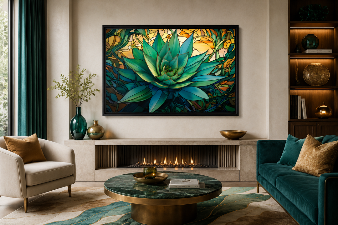 Stained glass style agave plant framed canvas wall art in a modern living room above a fireplace.