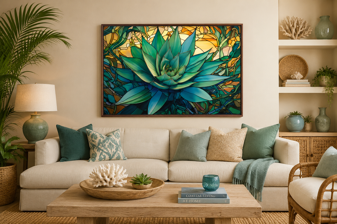 Stained glass style agave plant framed canvas wall art in a modern Southwestern living room.