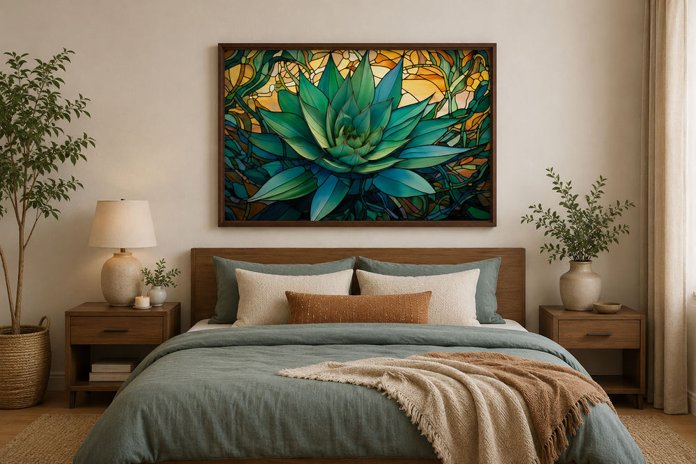 Stained glass style agave plant framed canvas wall art above a bed in a southwestern bedroom.