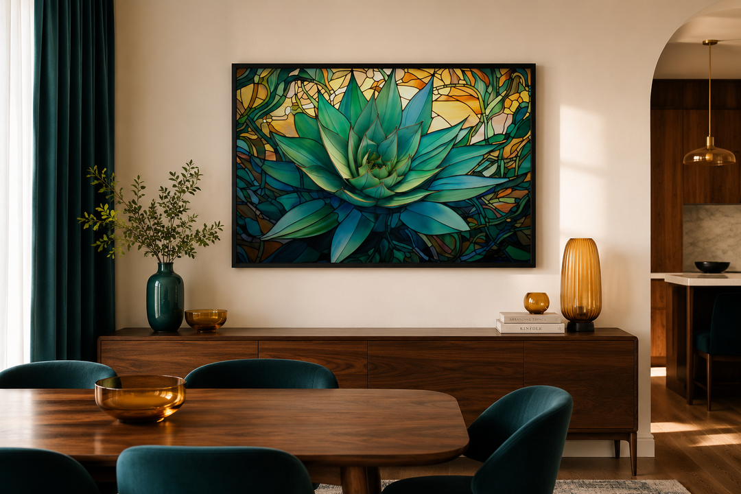 Stained glass style agave plant framed canvas wall art in a modern dining room setting.