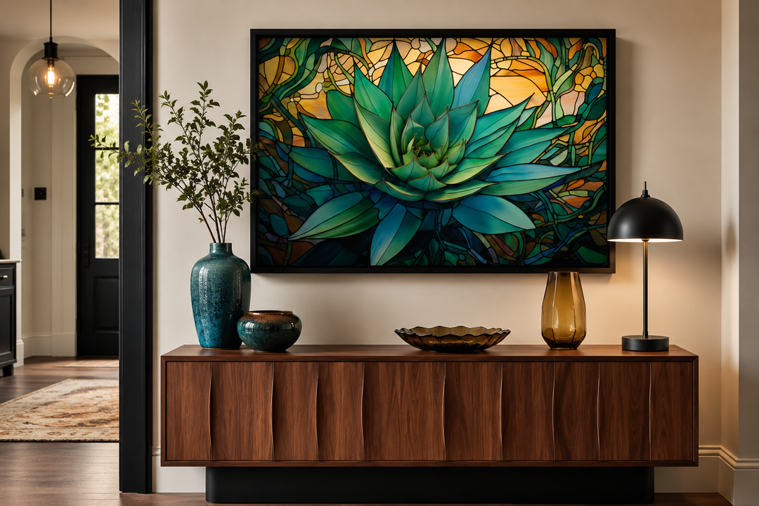 Stained glass style agave plant framed canvas wall art above a wooden sideboard in a modern room.