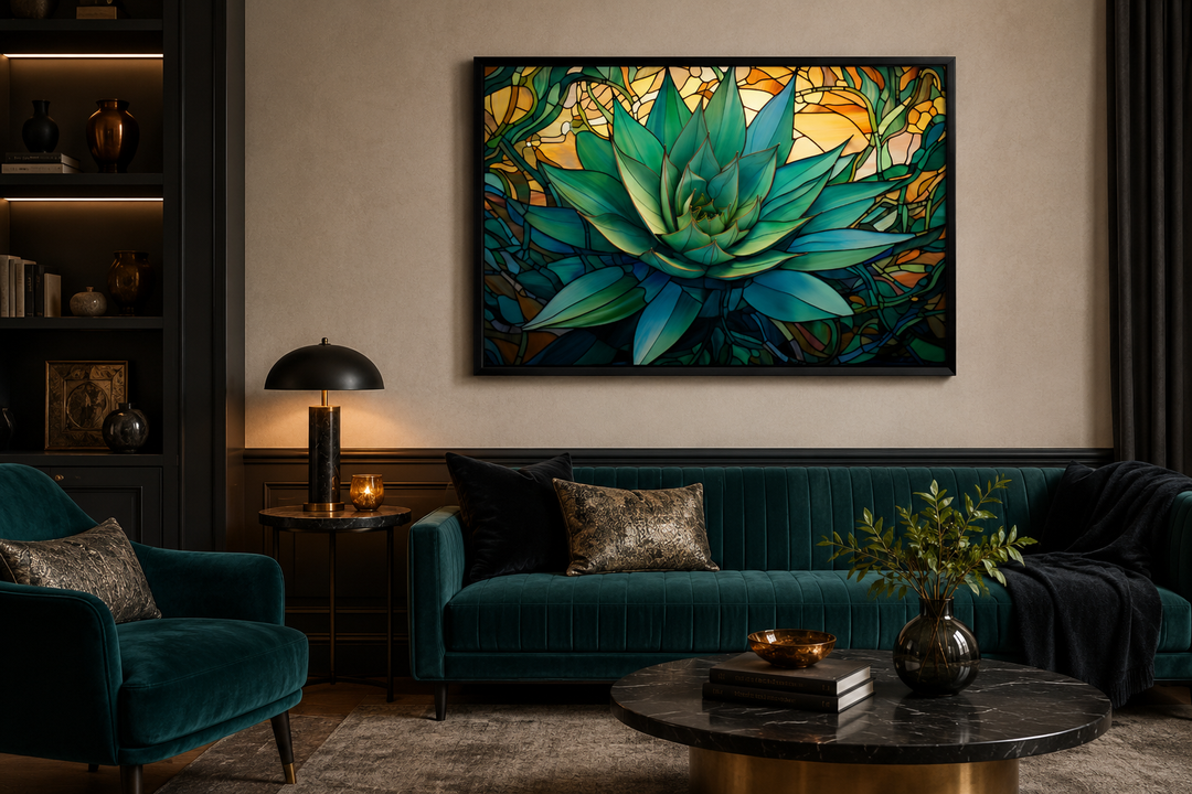 Framed stained glass style agave plant canvas wall art hanging above a dark green velvet sofa.