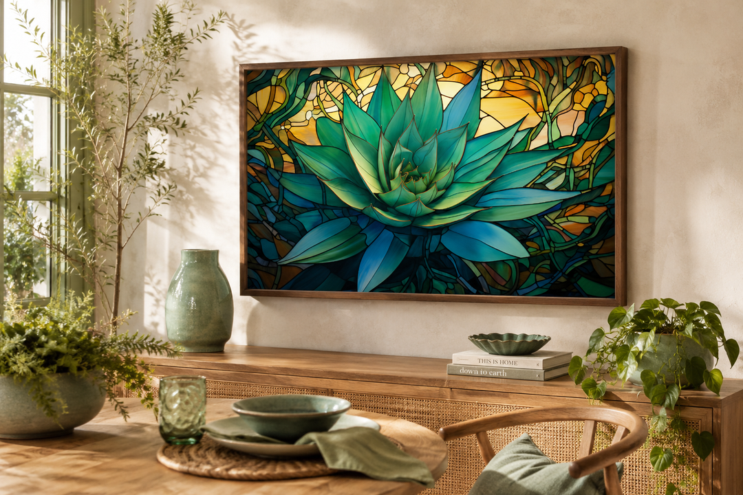 Stained glass style agave plant framed canvas wall art in a modern southwestern living room.