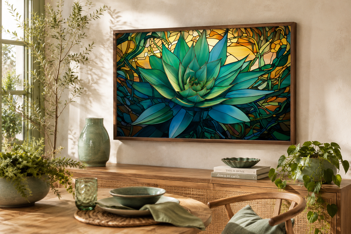 Stained glass style agave plant framed canvas wall art in a modern southwestern living room.