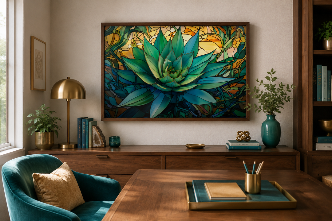 Stained glass style agave plant framed canvas wall art in a modern office setting.