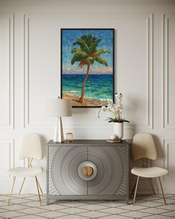 Stained Glass Style Palm Tree On The Beach Canvas Wall Art