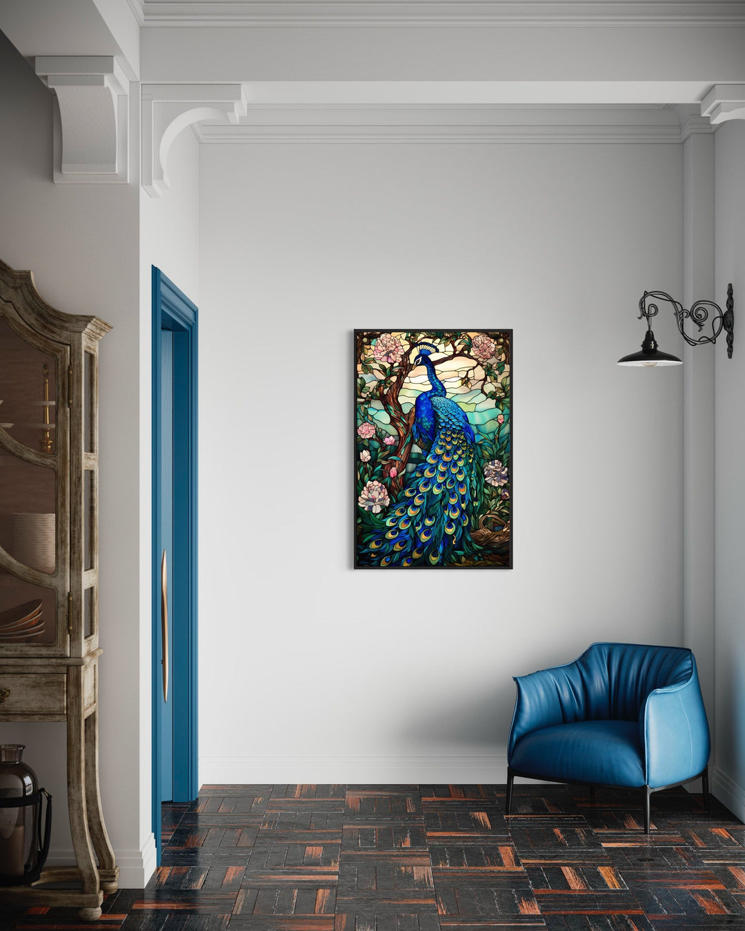 Stained Glass Style Peacock Framed Canvas Wall Art