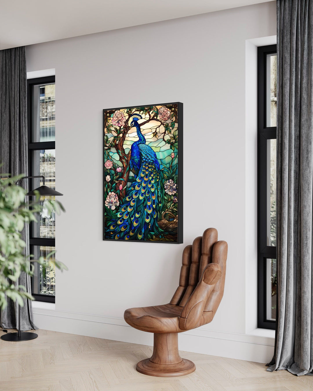 Stained Glass Style Peacock Framed Canvas Wall Art