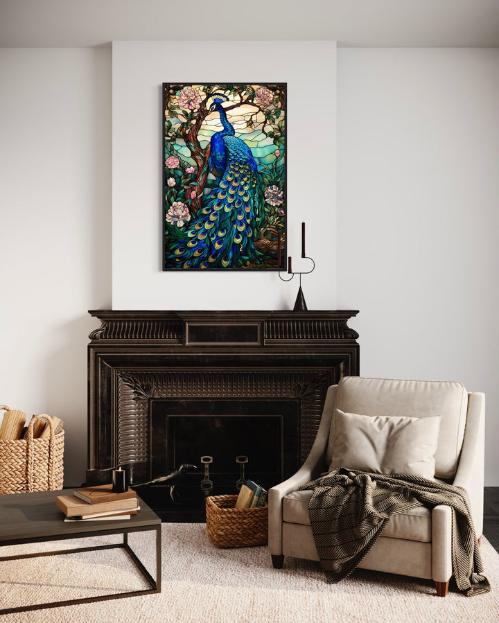 Stained Glass Style Peacock Framed Canvas Wall Art