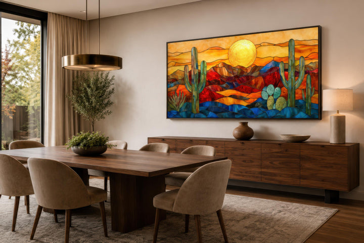 Décor mural désert de Sonora style vitrail | Paysage d'Arizona encadré très grand format