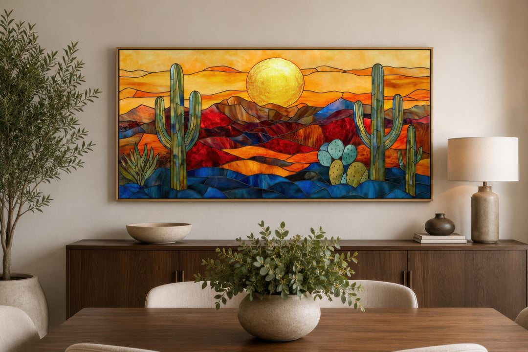 Décor mural désert de Sonora style vitrail | Paysage d'Arizona encadré très grand format