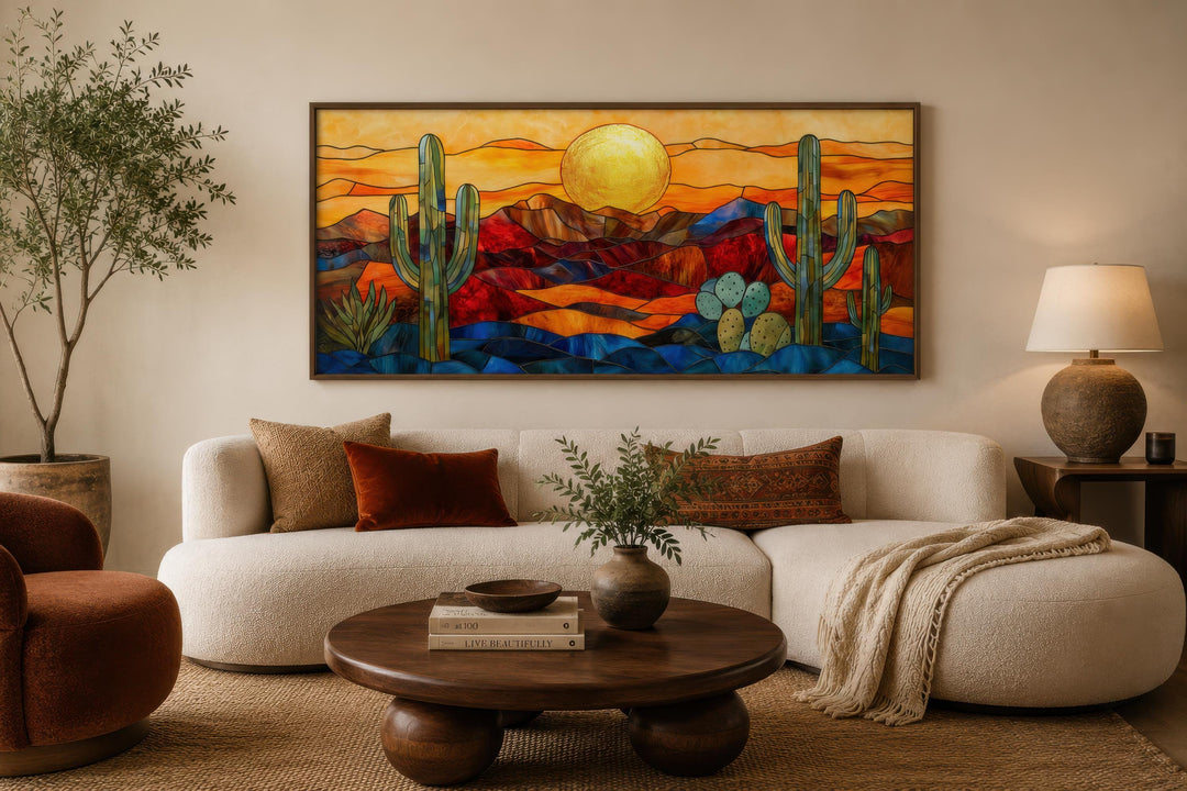 Décor mural désert de Sonora style vitrail | Paysage d'Arizona encadré très grand format