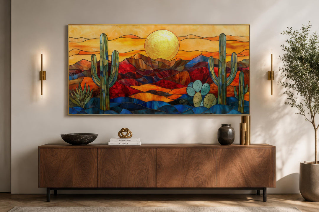 Décor mural désert de Sonora style vitrail | Paysage d'Arizona encadré très grand format