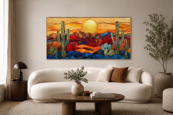 Décor mural désert de Sonora style vitrail | Paysage d'Arizona encadré très grand format