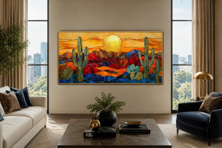 Décor mural désert de Sonora style vitrail | Paysage d'Arizona encadré très grand format