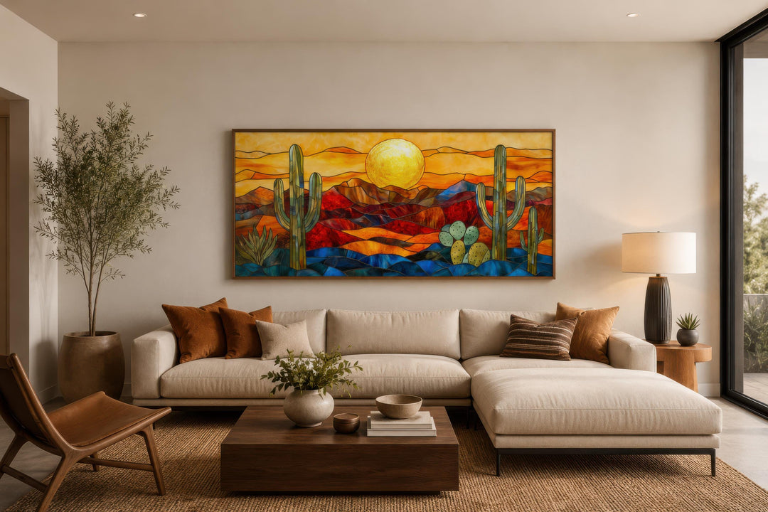 Décor mural désert de Sonora style vitrail | Paysage d'Arizona encadré très grand format