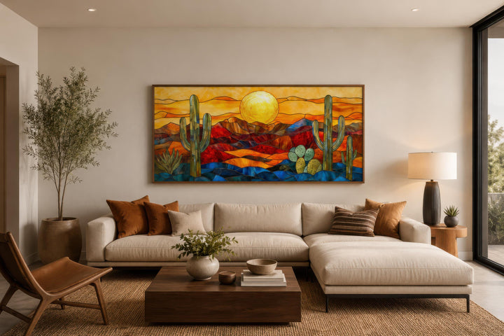 Décor mural désert de Sonora style vitrail | Paysage d'Arizona encadré très grand format