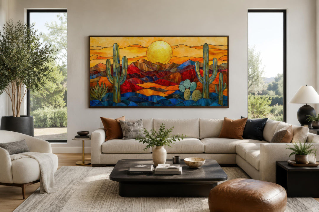 Décor mural désert de Sonora style vitrail | Paysage d'Arizona encadré très grand format