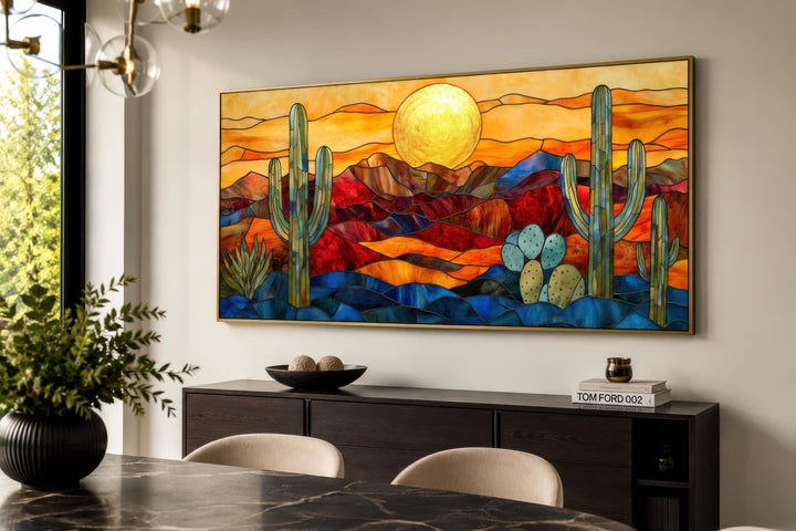 Décor mural désert de Sonora style vitrail | Paysage d'Arizona encadré très grand format
